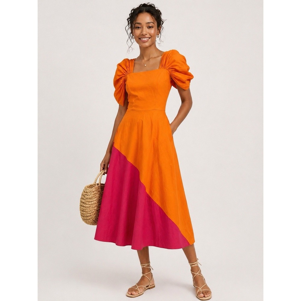Colorblock Midi Dress Sz 6 Orange Pink‎ Puff Slv Square Neck Dopamine Statement